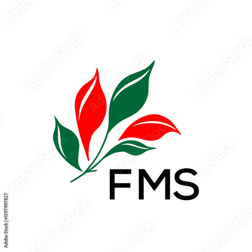 FMS Minimalist Red and Green Leaf Logo Design with FMS  Text, FMS Later Logo, Modern Nature Inspired Logo with Red and Green Leaves. 
