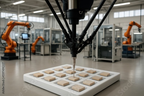 Robotic arm precisely placing items in a tray in a modern factory setting