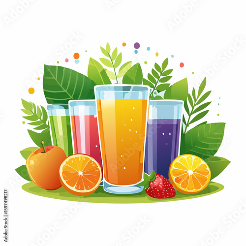Fresh fruit juices in glasses, surrounded by colorful fruits