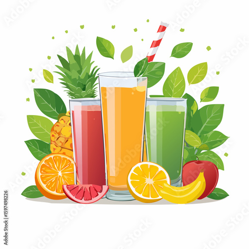 Fresh fruit juices in glasses, surrounded by colorful fruits