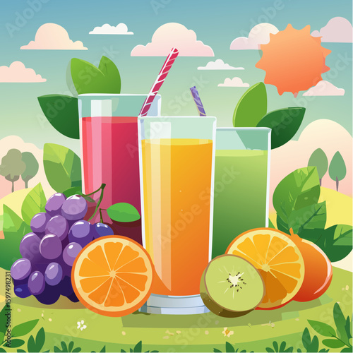 Fresh fruit juices in glasses, surrounded by colorful fruits