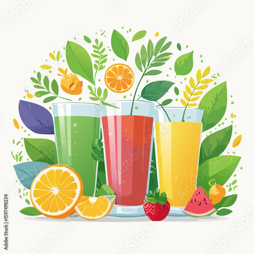 Fresh fruit juices in glasses, surrounded by colorful fruits