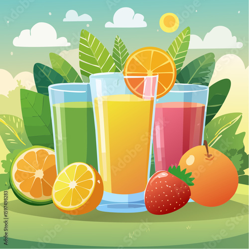 Fresh fruit juices in glasses, surrounded by colorful fruits