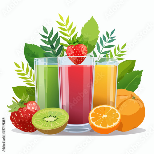 Fresh fruit juices in glasses, surrounded by colorful fruits