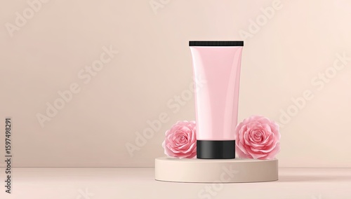 Pink cosmetic tube on beige pedestal with roses