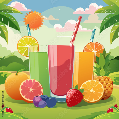 Fresh fruit juices in glasses, surrounded by colorful fruits