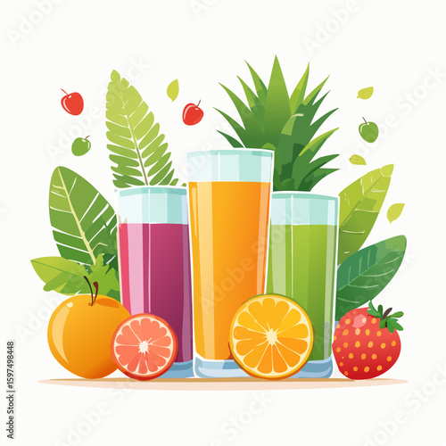 Fresh fruit juices in glasses, surrounded by colorful fruits