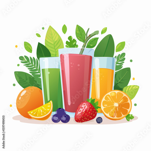 Fresh fruit juices in glasses, surrounded by colorful fruits