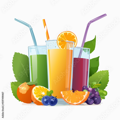Fresh fruit juices in glasses, surrounded by colorful fruits