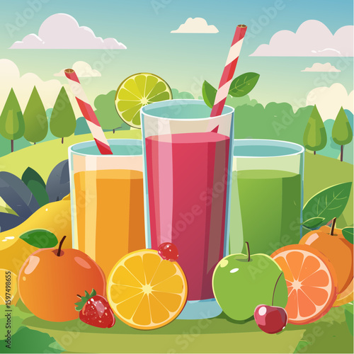 Fresh fruit juices in glasses, surrounded by colorful fruits