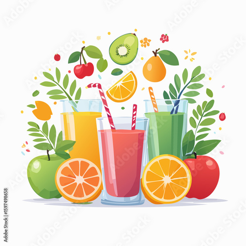 Fresh fruit juices in glasses, surrounded by colorful fruits