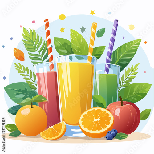 Fresh fruit juices in glasses, surrounded by colorful fruits