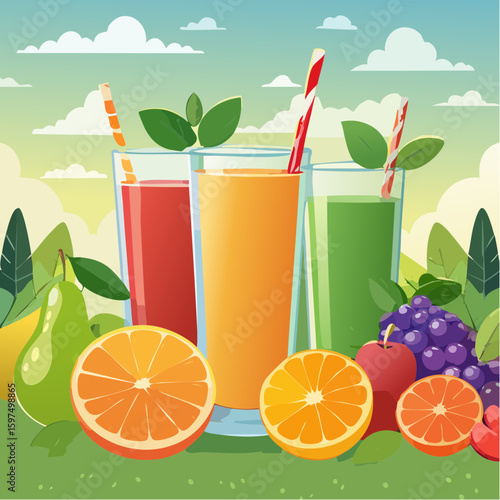 Fresh fruit juices in glasses, surrounded by colorful fruits