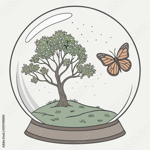 Vector illustration of a bonsai tree protect by the glass free online design.