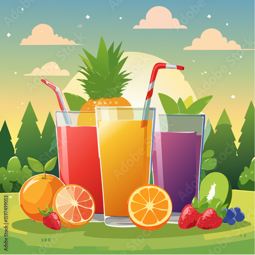 Fresh fruit juices in glasses, surrounded by colorful fruits
