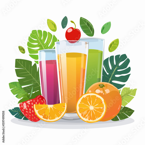 Fresh fruit juices in glasses, surrounded by colorful fruits