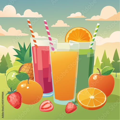Fresh fruit juices in glasses, surrounded by colorful fruits
