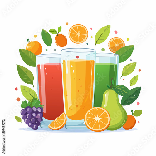 Fresh fruit juices in glasses, surrounded by colorful fruits