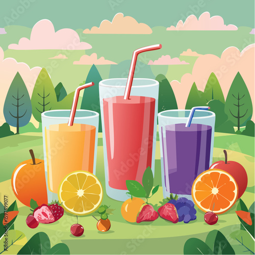 Fresh fruit juices in glasses, surrounded by colorful fruits