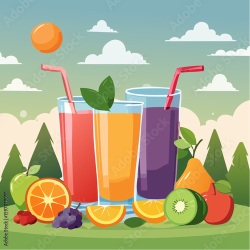 Fresh fruit juices in glasses, surrounded by colorful fruits