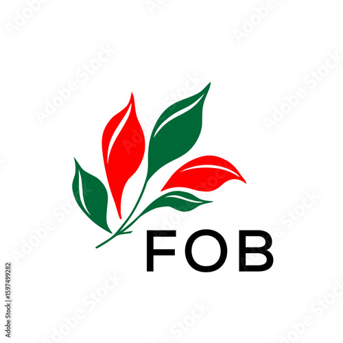 FOB Minimalist Red and Green Leaf Logo Design with FOB  Text, FOB Later Logo, Modern Nature Inspired Logo with Red and Green Leaves. 

