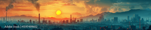 city skyline at sunset, with striking clouds and smoke blending in a colorful polluted sky. Generative ai vector illustration. 