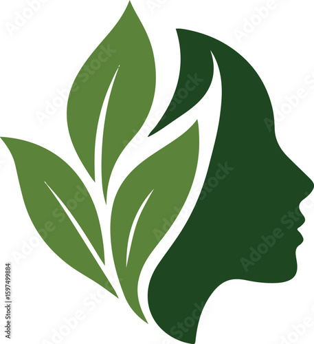 Vector logo of human head silhouette in profile with three green leaves integrated inside in minimal flat style, representing eco-conscious identity, mental wellness symbolism, sustainable thinking co