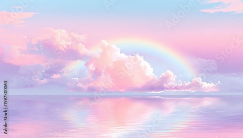 Pastel rainbow sky reflected in water