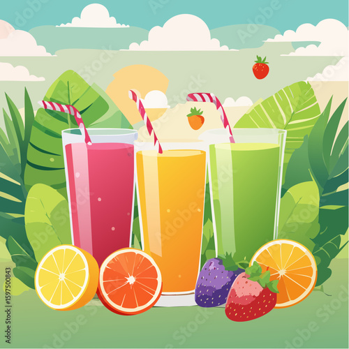 Fresh fruit juices in glasses, surrounded by colorful fruits
