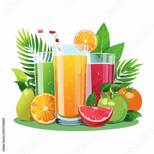Fresh fruit juices in glasses, surrounded by colorful fruits