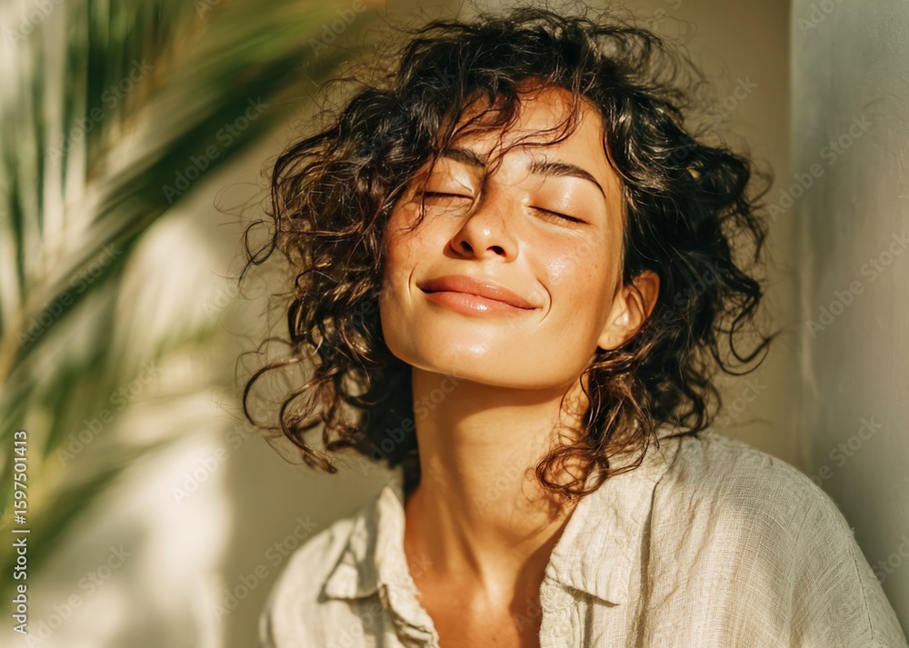 Fototapeta premium Young woman enjoying sunlight with closed eyes and smiling