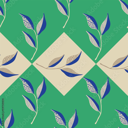 Abstract geometric leaves on green and beige background color.