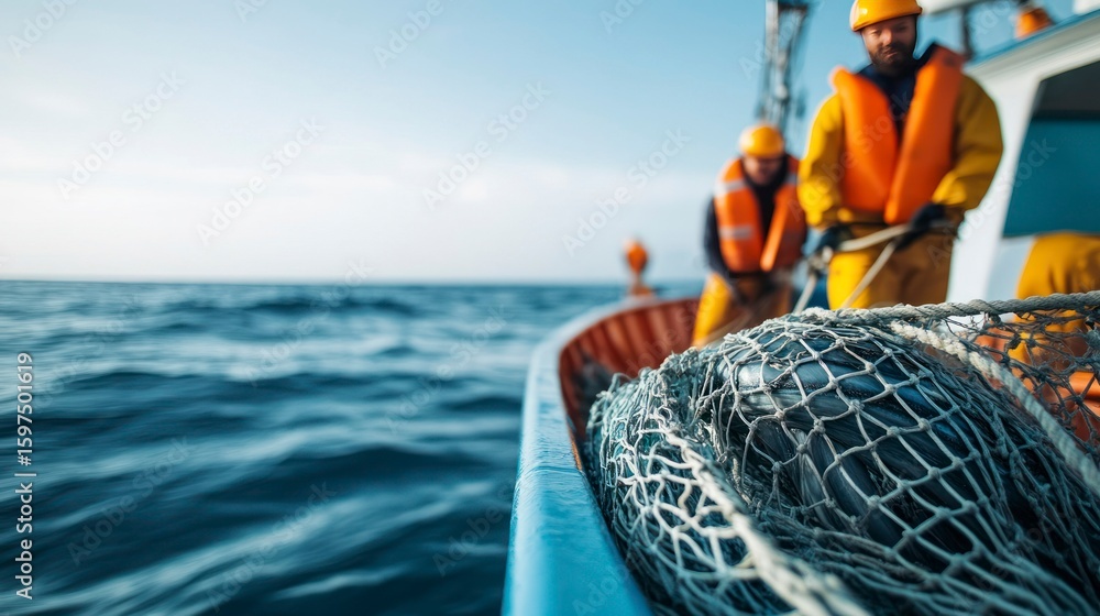 Fototapeta premium Diverse crew members working on a commercial fishing boat at sea 