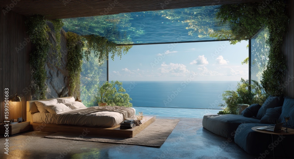 Fototapeta premium Infinity Room. Modern Bedroom Interior with Sea Views from Windows