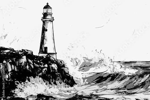 Lighthouse on a rocky shore with ocean waves crashing dramatically. This lighthouse on a rocky shore stands tall amidst powerful ocean waves.