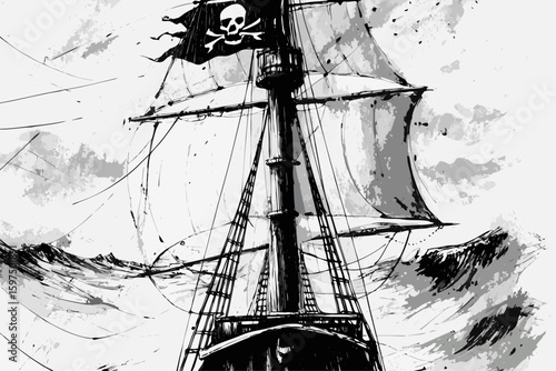 Ship with pirate flag depicted in black and white sketch illustration on stormy seas. Ship with pirate flag illustration includes skull and crossbones emblem against turbulent ocean waters.