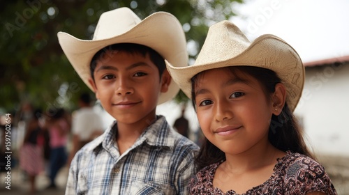 Kids In Cowboy Hats. Beautiful Ecuadorian kids with white background at nature show