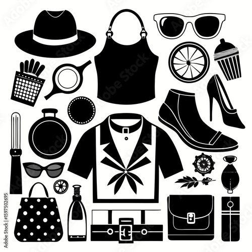 Collection of black and white fashion accessories and clothing items arranged in a scattered pattern