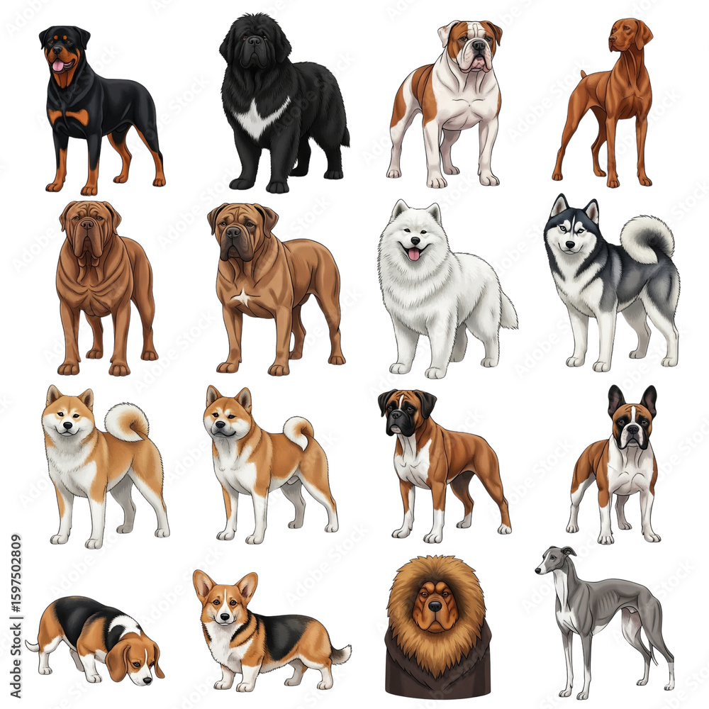 Fototapeta premium Collection of diverse dog breeds standing posed