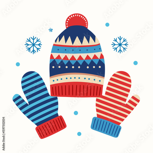 Cozy winter hat and mittens with snowflakes and dots on a white background