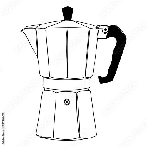 Vector line art of classic moka pot coffee maker with black handle, minimalist outline drawing for cafe branding or kitchen illustration