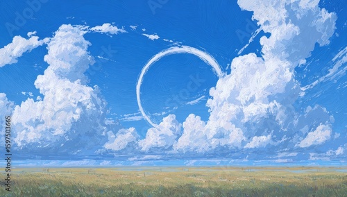 Fototapeta Naklejka Na Ścianę i Meble -  Vast, sunny meadow with cumulus clouds and a celestial ring