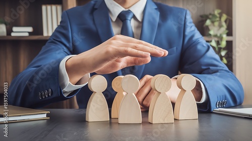 Businessman covering wooden figures of people. Employer commitment to protecting the human rights, labor rights, and providing support and insurance to employees within the community.