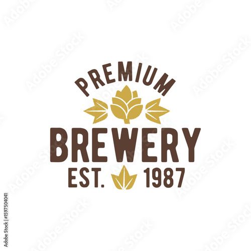 Brewery logo with hops and vintage layout. Great for beer branding, brewery packaging, pub signage, and beverage labels. Suitable for alcohol-related design. Vector illustration.