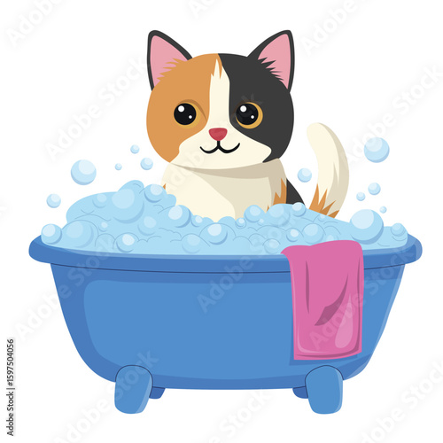Adorable cat sits in a blue tub filled with bubbles, looking cheerful. A pink towel hangs on the side. Vector illustration captures a playful and fun pet bath scene.
