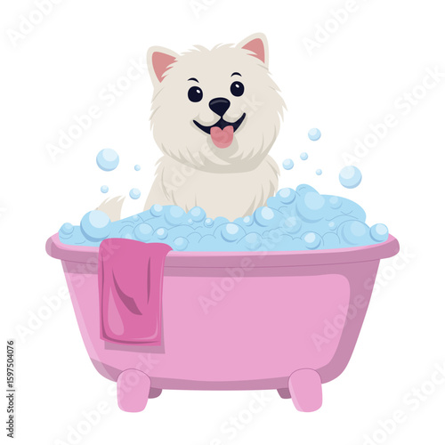 Vector illustration of a happy white dog enjoying a bath in a tub filled with bubbles. The joyful pet has a pink towel draped over the tub, adding a touch of color.