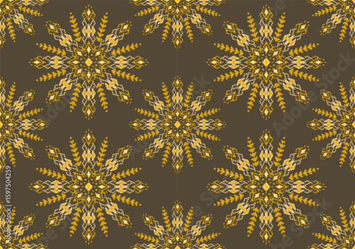 seamless pixel textile pattern showcases symmetrical floral motifs in vibrant yellow and beige tones on Army green  backgrounds, evoking traditional folk embroidery.