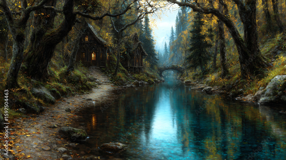 Fototapeta premium Serene Wilderness Landscape River Autumn Foliage Reflection Tranquil Nature Forest Trees Mountains Adventure Waterway Bridge Cozy Wooden Cabin Pathway Scenic Beauty Peaceful Rural Stream
