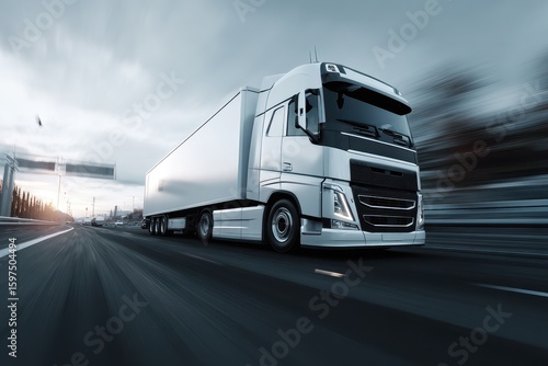 Long Haul Truck. White Semi Truck Speeding on Expressway with Cargo Trailer