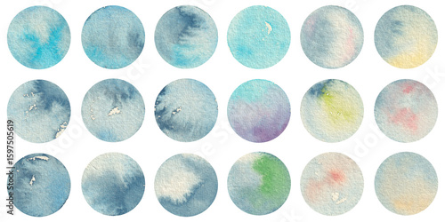 Watercolor circles in soft pastel tones of blue, pink, green, and yellow with vintage texture, perfect for Christmas ornaments clip art, labels, stickers, scrapbooking, or decorative elements